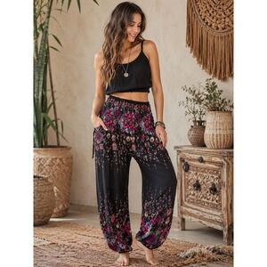 Floral Smocked Boho Bohemian Harem Bloomer Barrel Hippie Indie Yoga Pants S/M